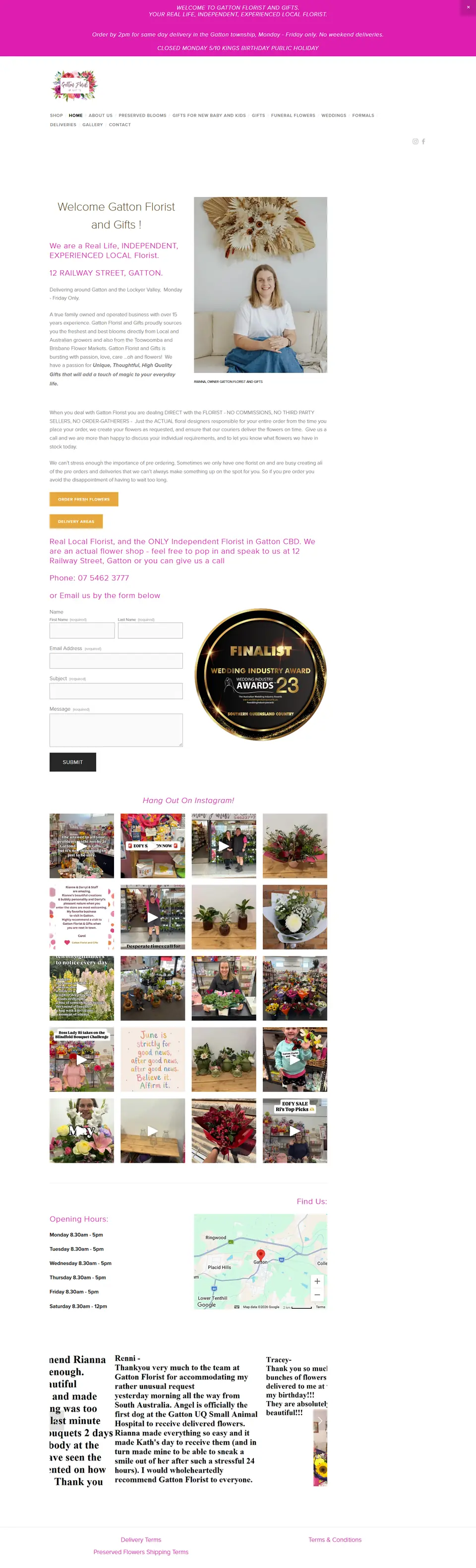 Gatton Florist's old website on desktop